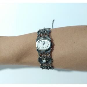 Antique Women`s Wrist Watch Bergland Filigree Sterling Silver Pearls Garnets